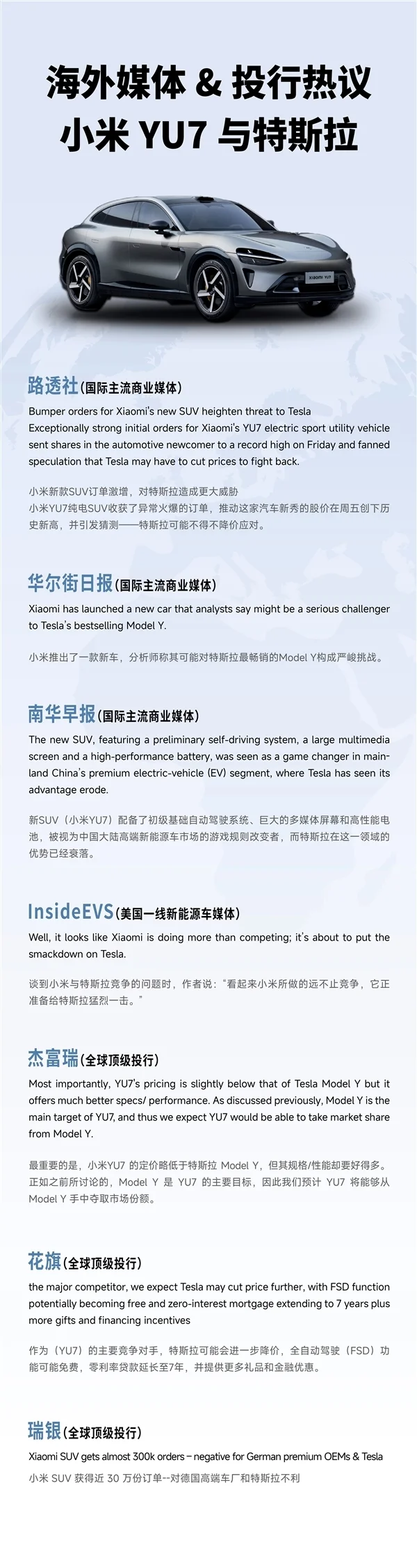 海外媒体和投行热议小米YU7：特斯拉真的危险了！